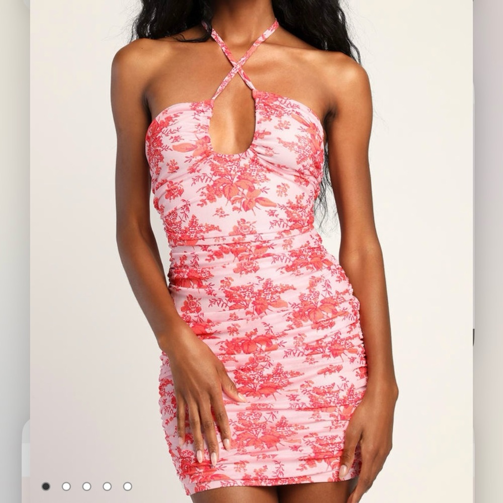 NWT Lulus Hot Off The Mesh‎ Pink Floral Ruched Bodycon Halter Mini Dress LARGE